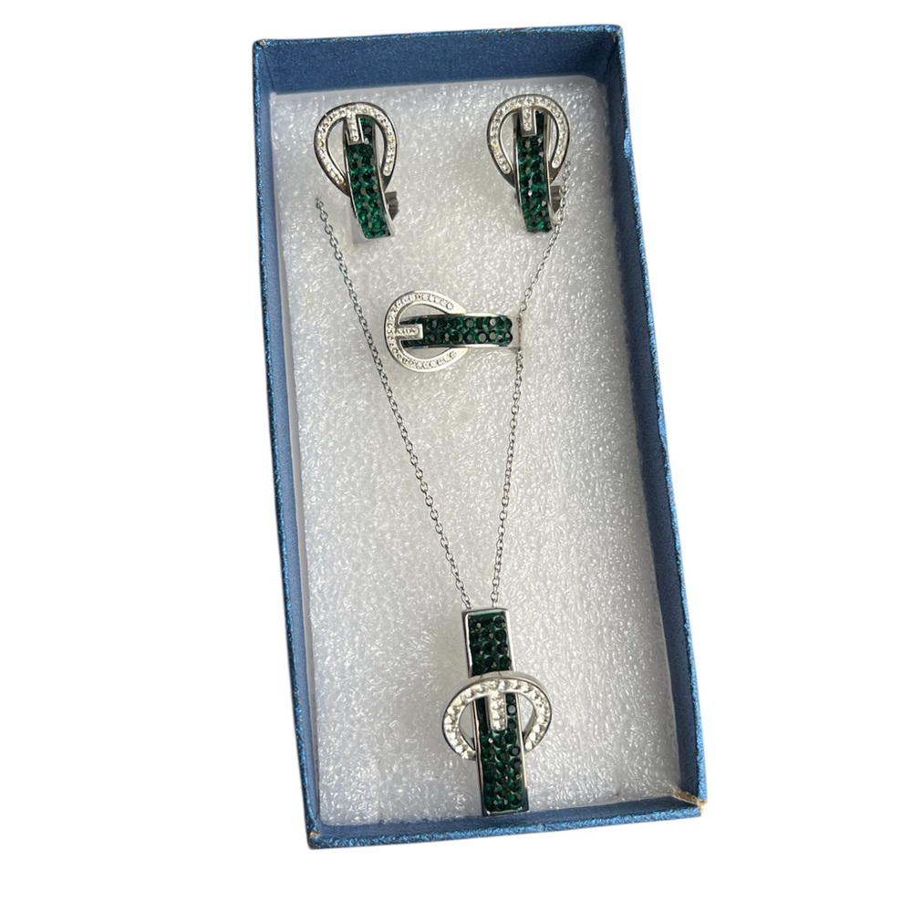 Vintage Buckle Stainless Steal Emerald Green Jewelry Set NIB
